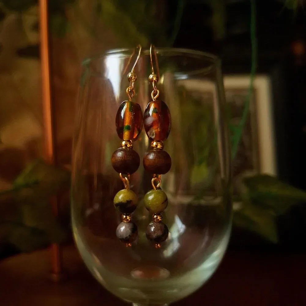 Green Serpentine, Lampwork Glass, & Wood Beaded Dangle Earrings